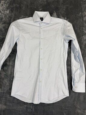 Hugo Boss Mens Slim Fit  Blue Dress Shirt Size 15/38 Long Sleeve Polka Dot